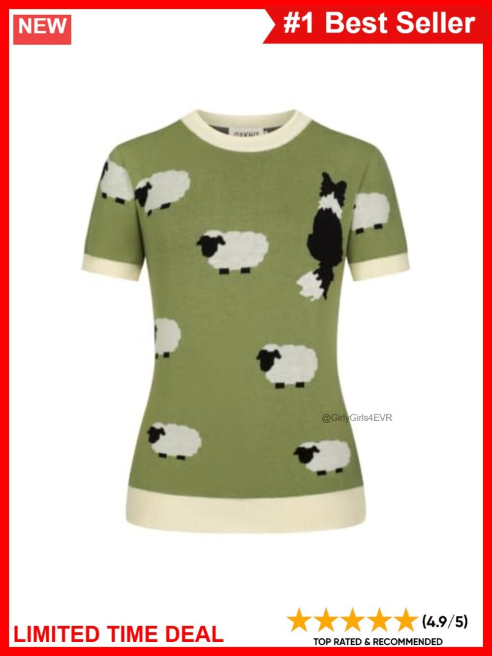 OXKnit Women's Knit Short Sleeve T-Shirt Vintage Sheep Border Collie Crewneck
